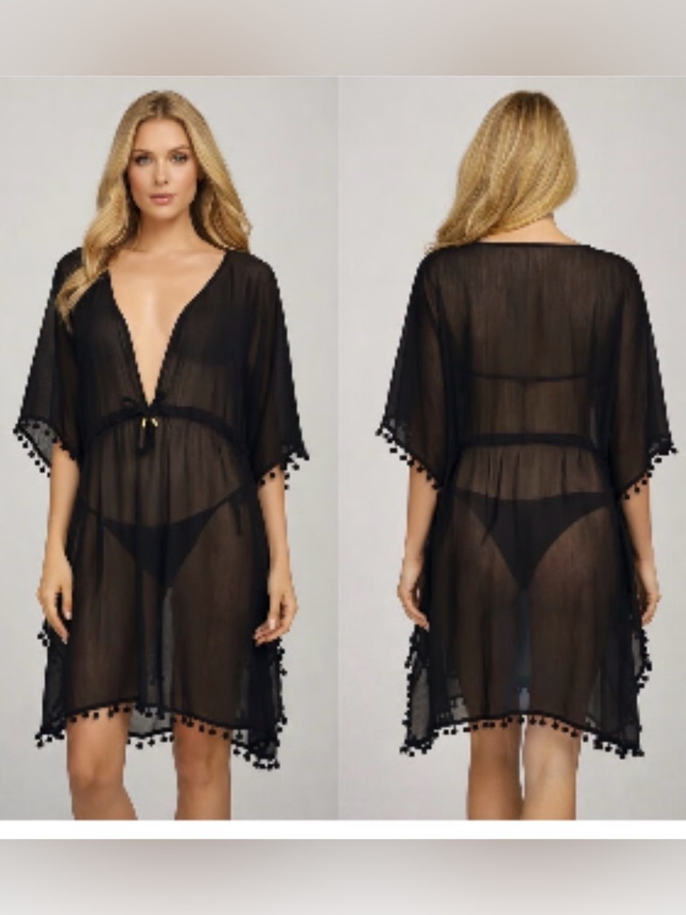 SHEIN Black Sheer Pom-Pom Swim Coverup Kaftan